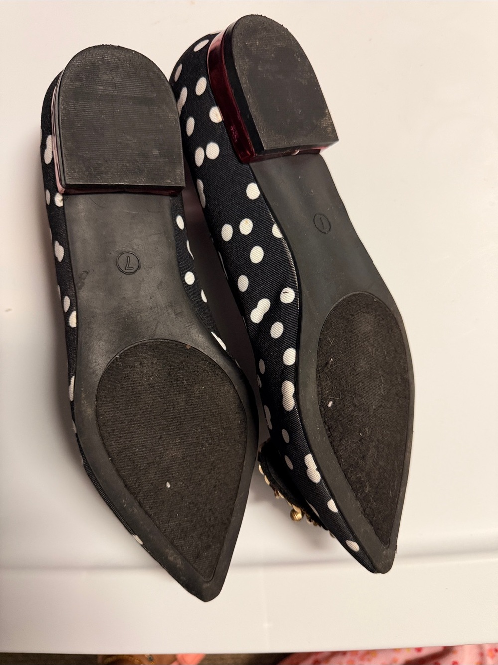 Betsey Johnson Black & White Polka Dot Flats with Gold Sequin and Red Heart - Picture 4 of 6